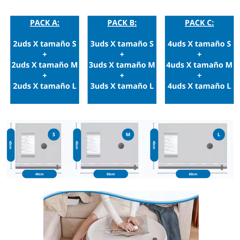 COMPACT-BAGS Bolsas al Vacío para Viajar + Mini aspirador USB!